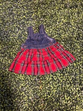 Oshkosh Red Plaid Blue overall Dress 6 months